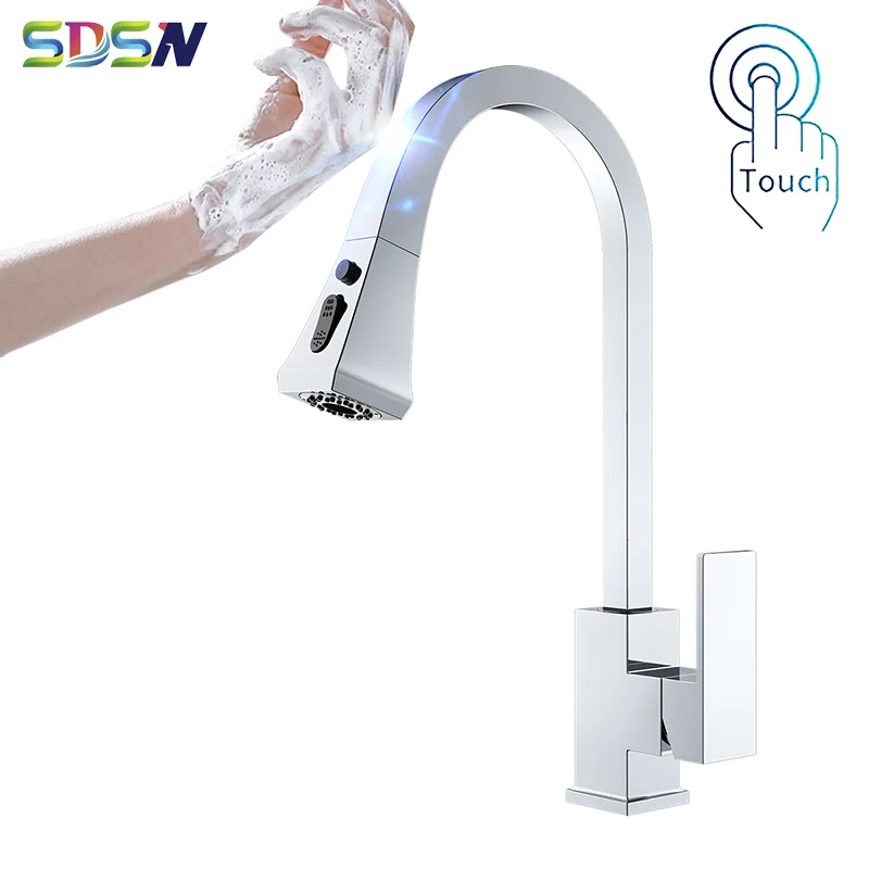 

Square Chrome Touch Kitchen Sink Faucets with Pull Down Sprayer Hot Cold Kitchen Mixer Tap Smart Touch Sensor Kitchen Faucet