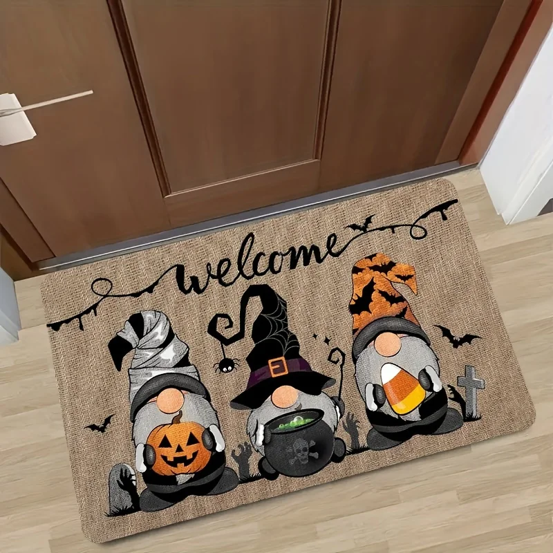 Halloween Welcome Gnome Flannel Doormat Pumpkin Bat Spider Cauldron Anti Slip Front Door Mat Spooky Home Entrance Decor Rug