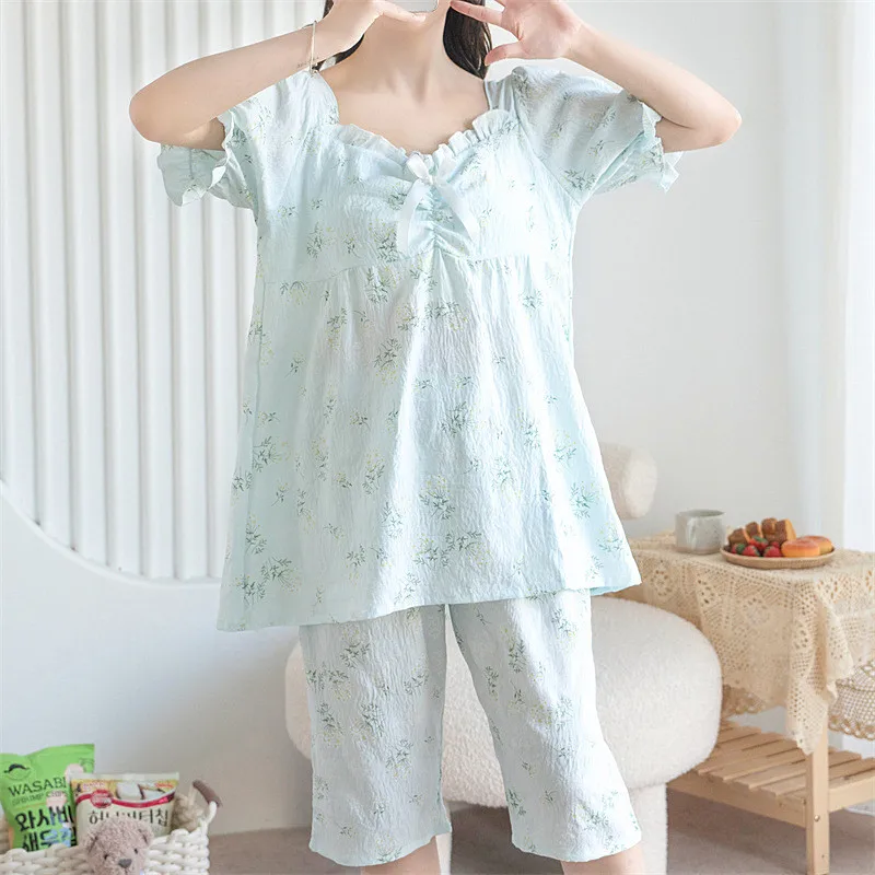 Fresh Printed Short Sleeve Summer Women's Pajamas V Neck Top Capri Pants Set Student Sleepwear Home Clothing Conjunto De Pijama