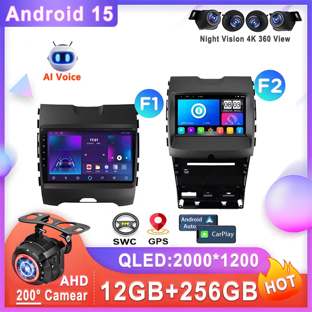 Car Stereo Android 15 For Ford Edge 2 2015 - 2018 Stereo Head Unit Multimedia Player No 2din DVD QLED Screen Dash Cam HDR 5G BT