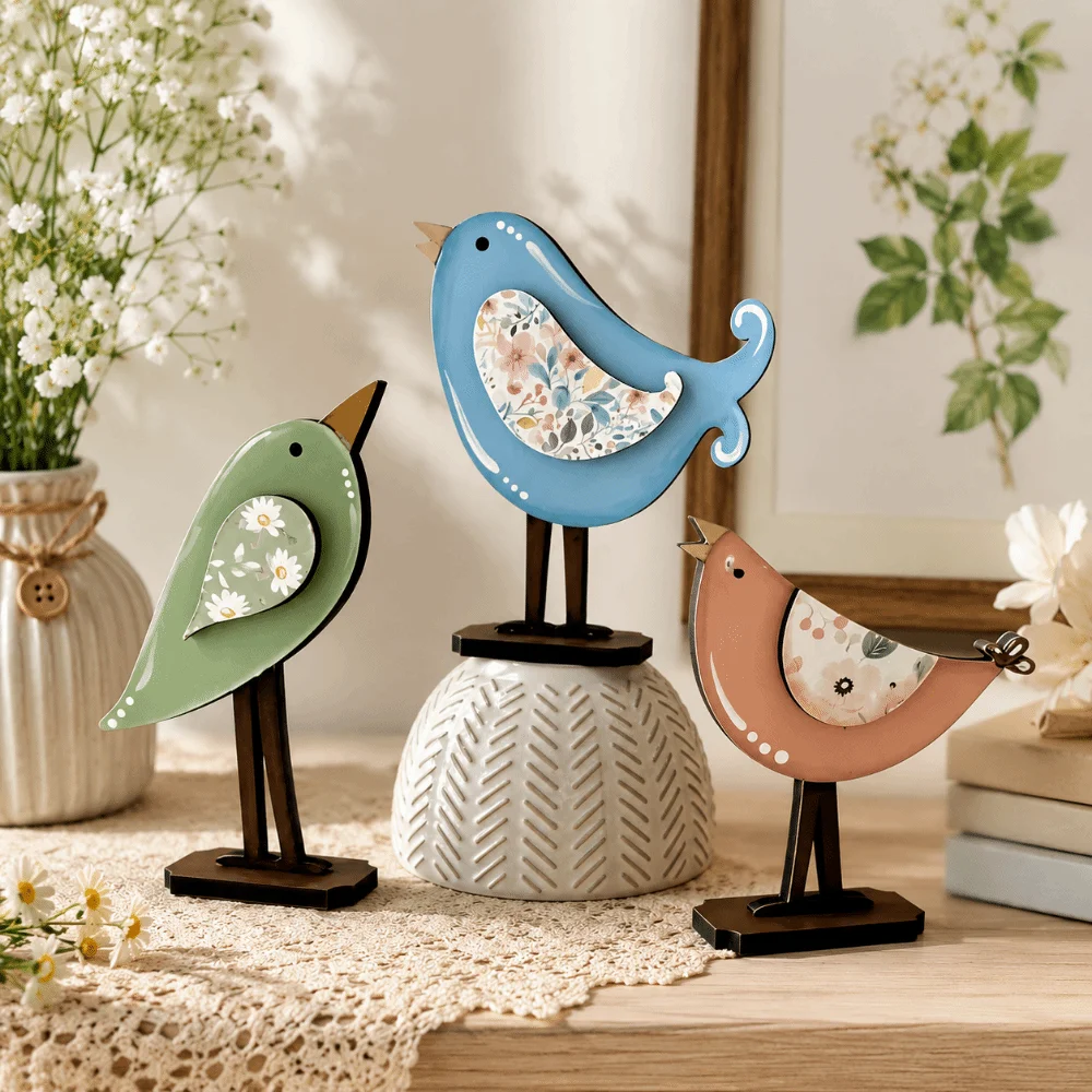 3pcs Nordic Style Wooden Bird Statue Home Decoration Sculptures Seabird Ornaments Flower Patchwork Desktop Ornaments