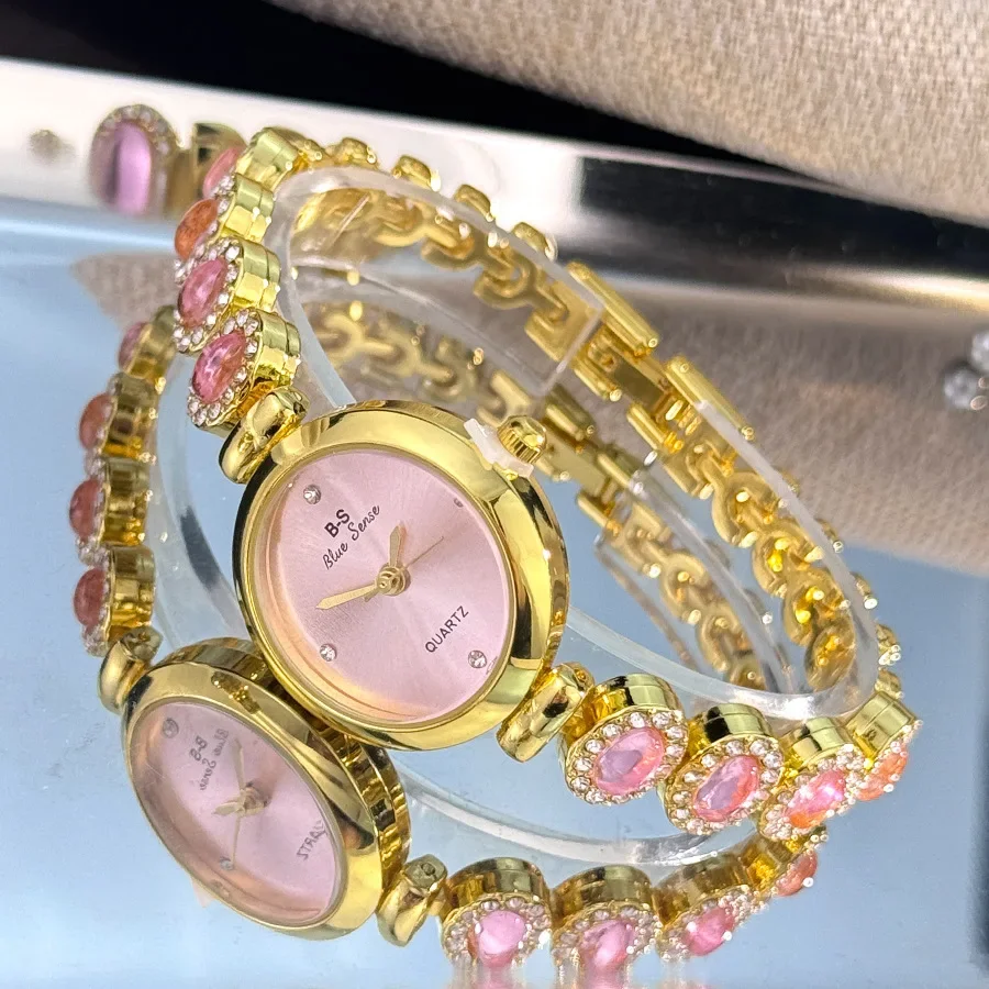 นาฬิกาควอทซ์เพชรสำหรับผู้หญิงสุดหรูพร้อมสร้อยข้อมือแบบเครื่องประดับและหน้าปัดทรงกลม