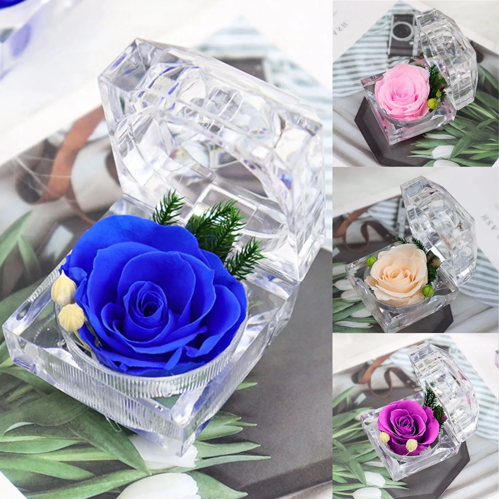 Immortal Preserved Rose Flower Real Rose Flowers Decorations Crystal Box Wedding Valentines Birthday Anniversary Creative Gifts