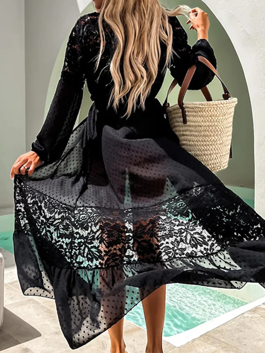 Cárdigan tipo kimono de encaje transparente para mujer, ropa de playa con bordado floral y detalle frontal atado para vacaciones de verano