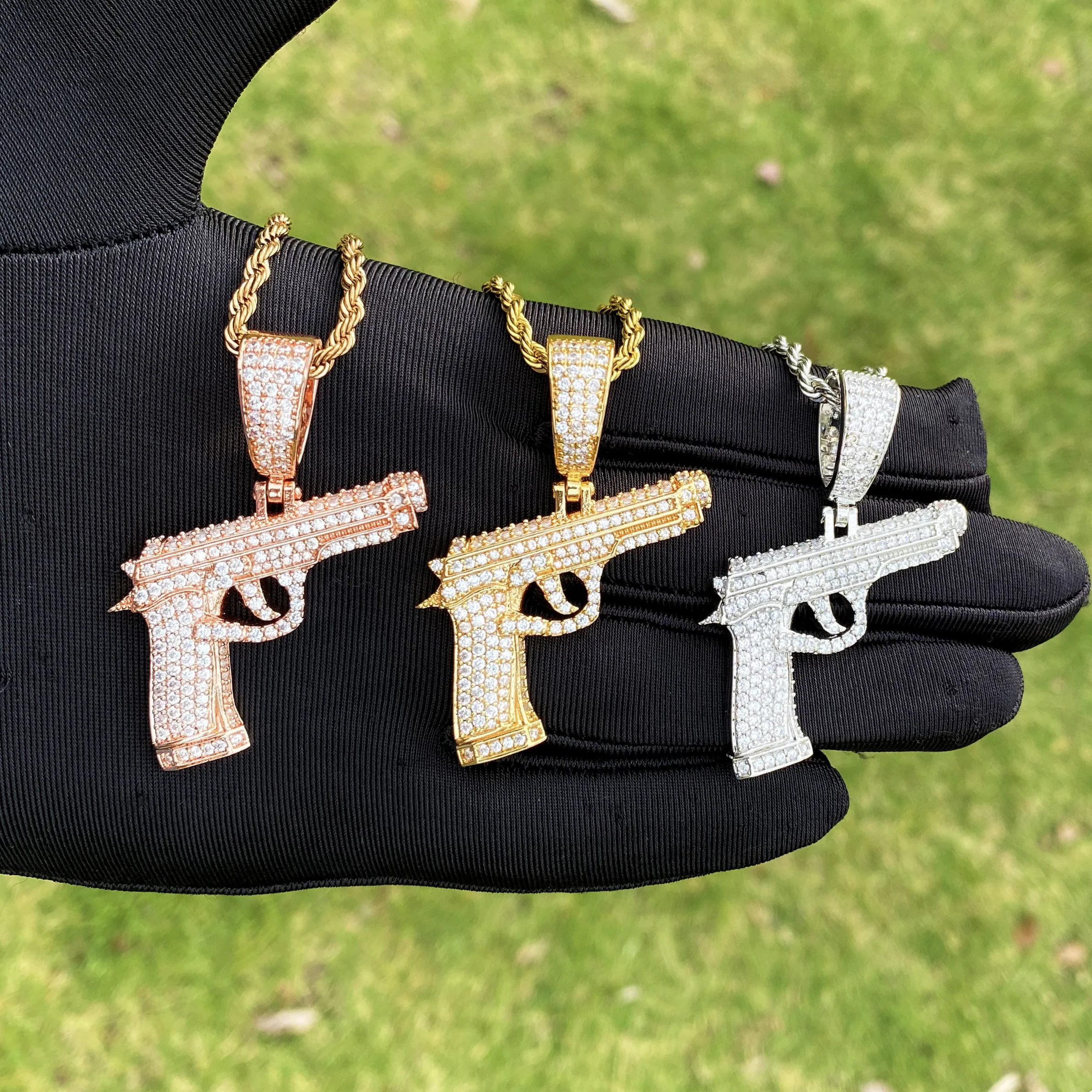 Aokaishen Iced Out Gun Necklace Pendant for Men Street Culture Prong Setting Charm Cubic Zirconia Hip Hop Jewelry view 5