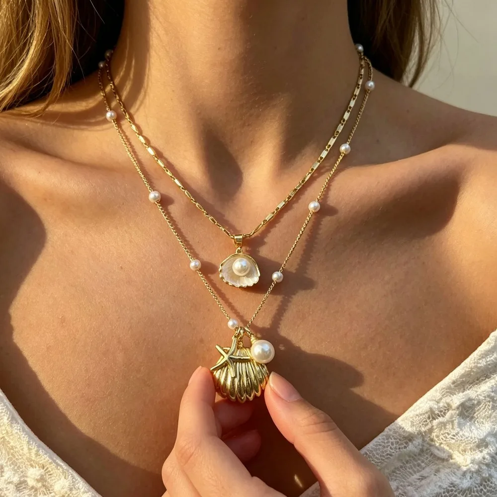 Starfish Shell Imitation Pearl Gold Tone Copper Pendant Necklace Beach Fashion Jewelry Gift for Women