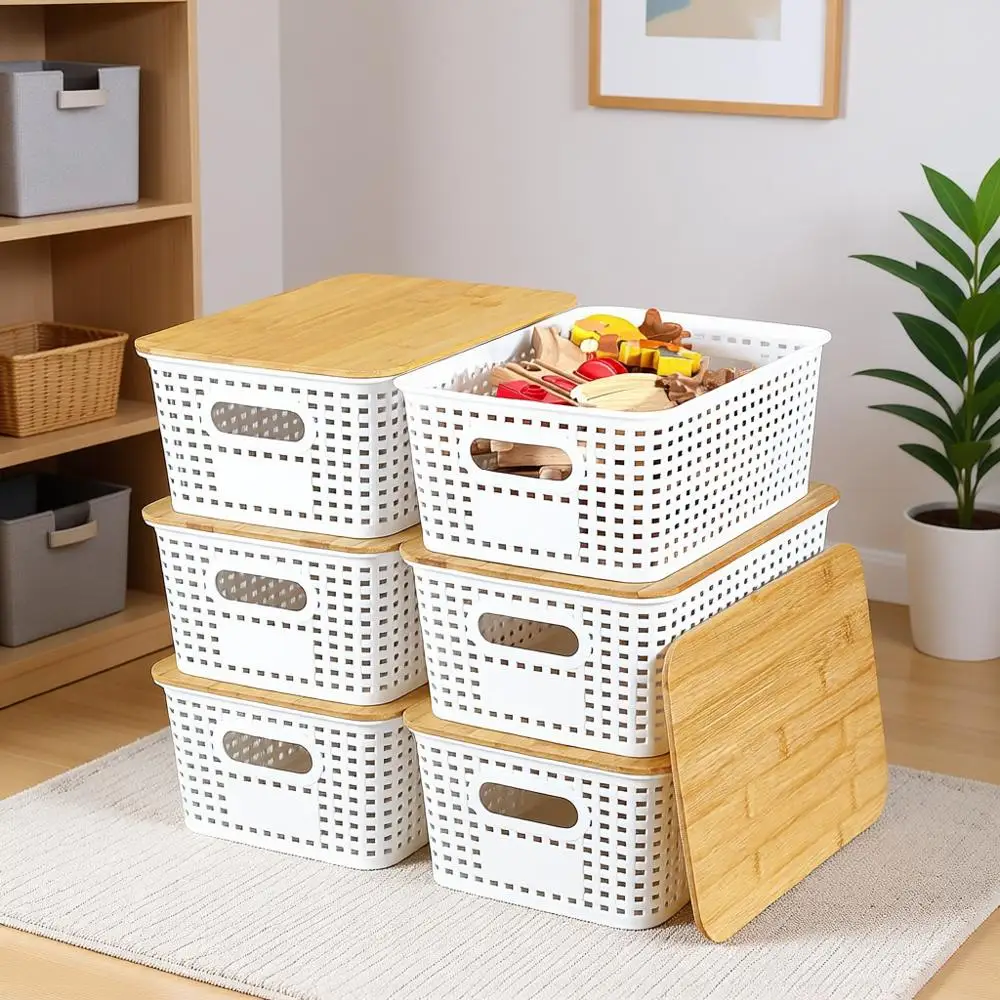 

Storage Bins with Lids, 6-Pack, Plastic Storage Bins with Bamboo Lids for Pantry, Shelves, Drawers, Desktop, Closet, Playroom, C