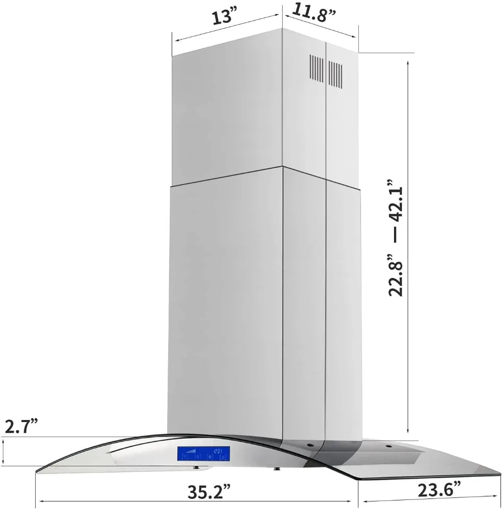 Campana extractora de Isla de 36 pulgadas, 700CFM, acero inoxidable con conductos/sin conductos, Convertible, montaje en techo, campana de ventilación de vidrio templado, ventilador de escape