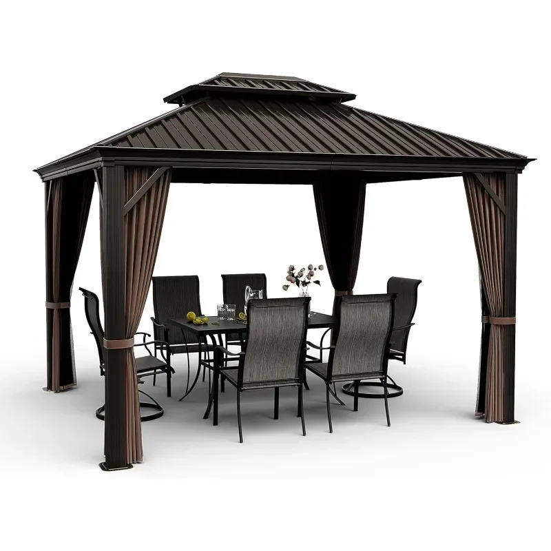 10x12 Hardtop Gazebo, Outdoor Metal Gazebo with Netting and Curtains, Double Galvanized Steel Roof, Patio Hard Top Gazebo