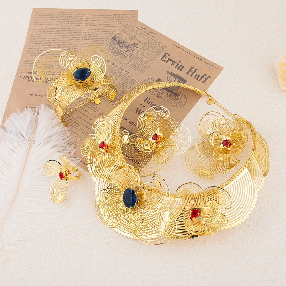 4pcs Metal Floral Wire Gold Color Jewelry Set for Women Necklace Earrings Ring Bracelet Set Bohemia Bride Wedding Jewelry Gifts