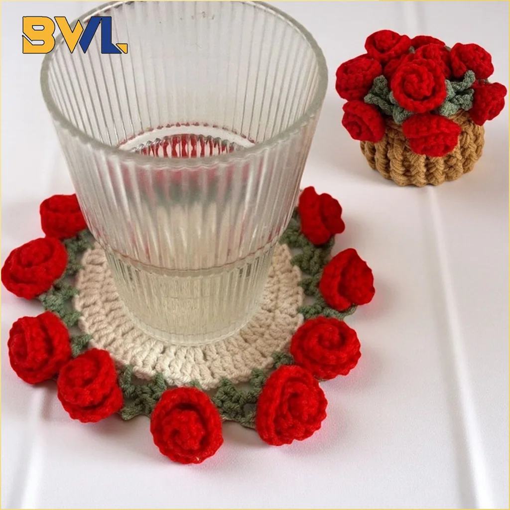 

Hand Crochet Rose Flower Coasters Set Heat Resistant Table Decor Gift for Home Dining Table Decor Supply Reusable Mat