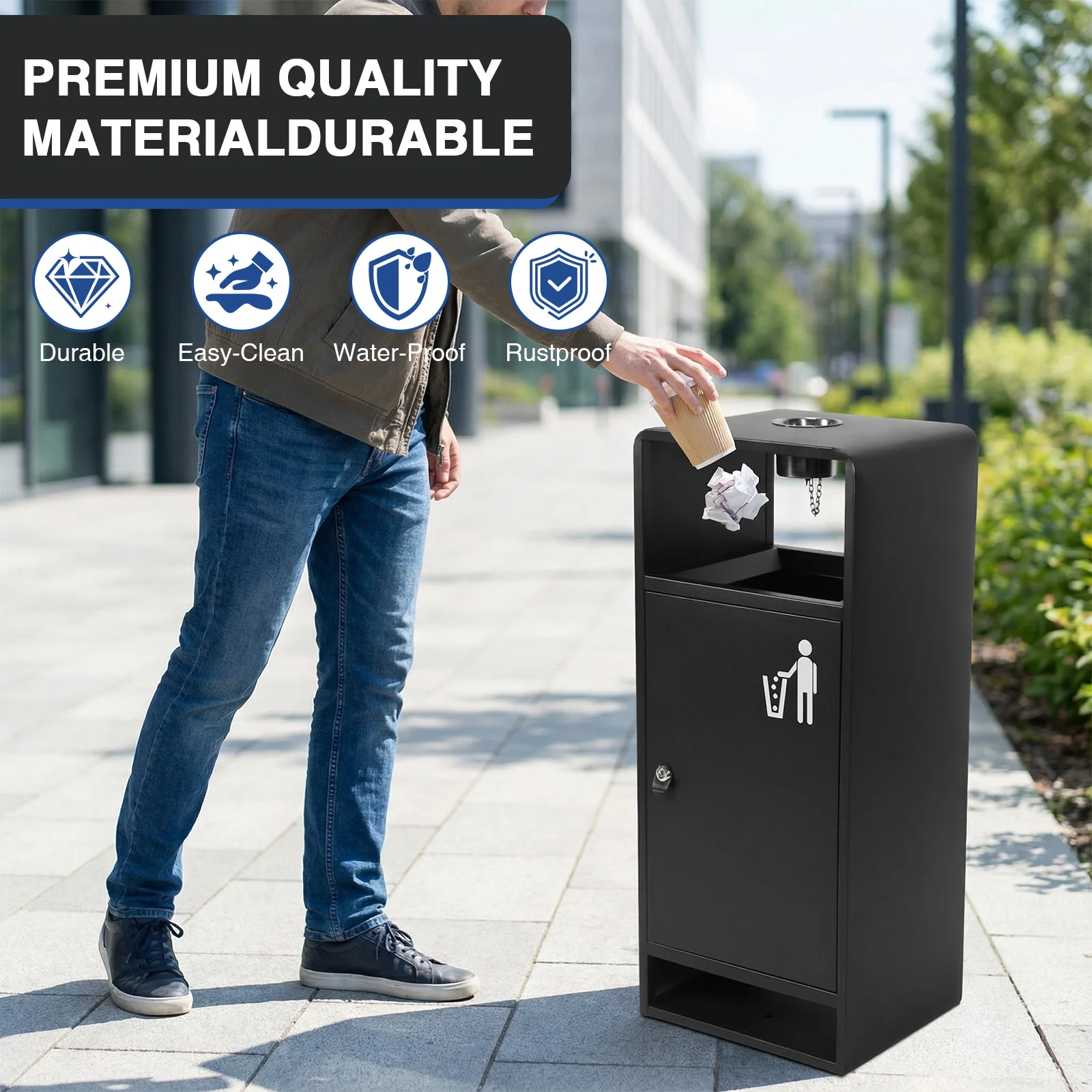 

40L/10 Gallon Stainless Steel Metal Garbage Bin Four-Side Openings Commercial Metal Waste Bin for Restaurant Hotel Shopping Mall