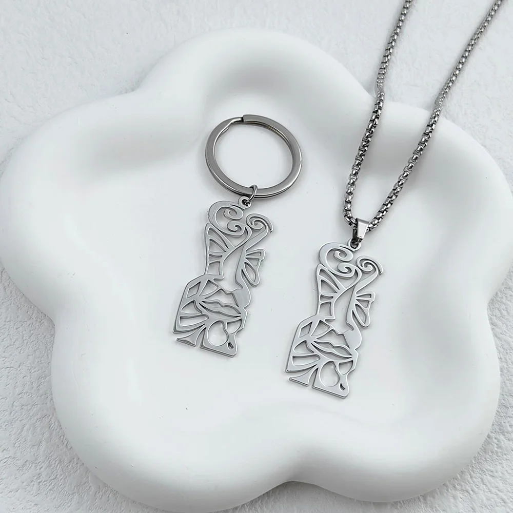Cut‑Out Abstract Female Figure Necklace Keychain 316L Stainless Steel Art Charm Unisex Daily Wear Jewelry Gift