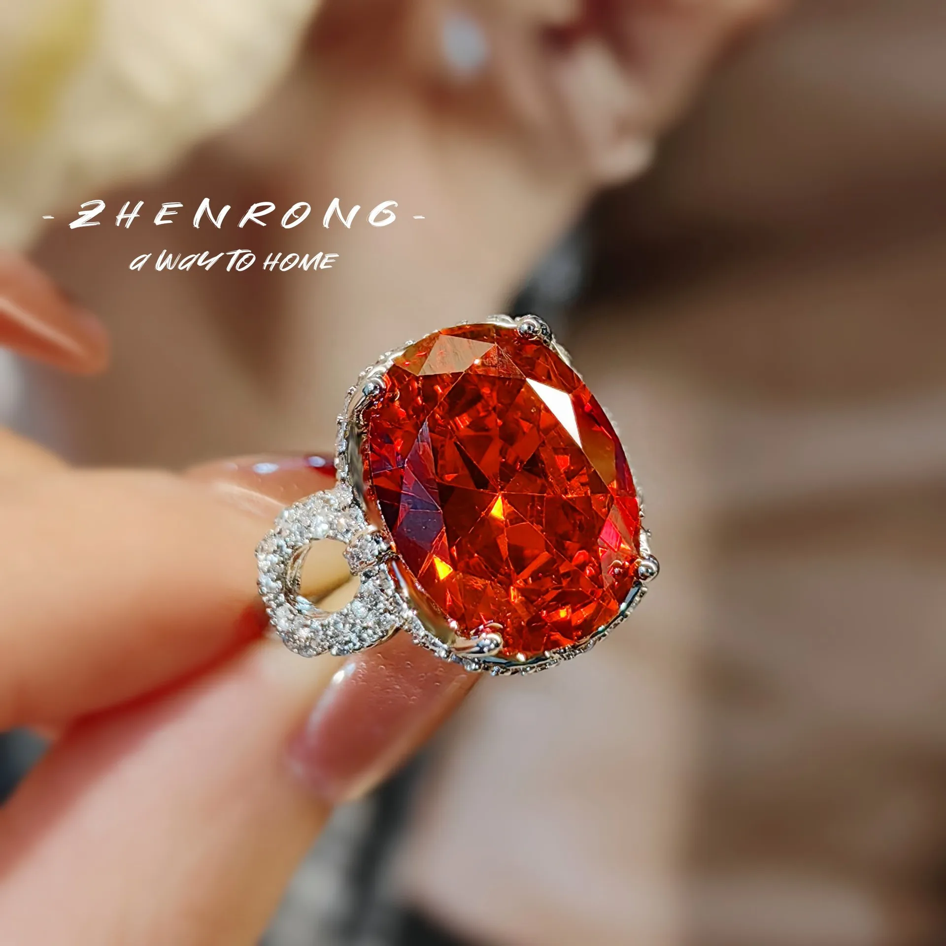 2024 New Fashion Silver Color Garnet Red/Fanta Orange Gemstone Rings Elegant Queen\'s Ring For Women Party Engagement Jewelry