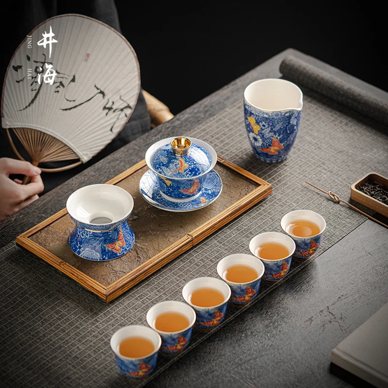 

Porcelain Kung Fu Tea Set Underglaze Color Butterfly Blue And White Color Bucket Color Tureen Fair Mug Tea Cup High-End Gift