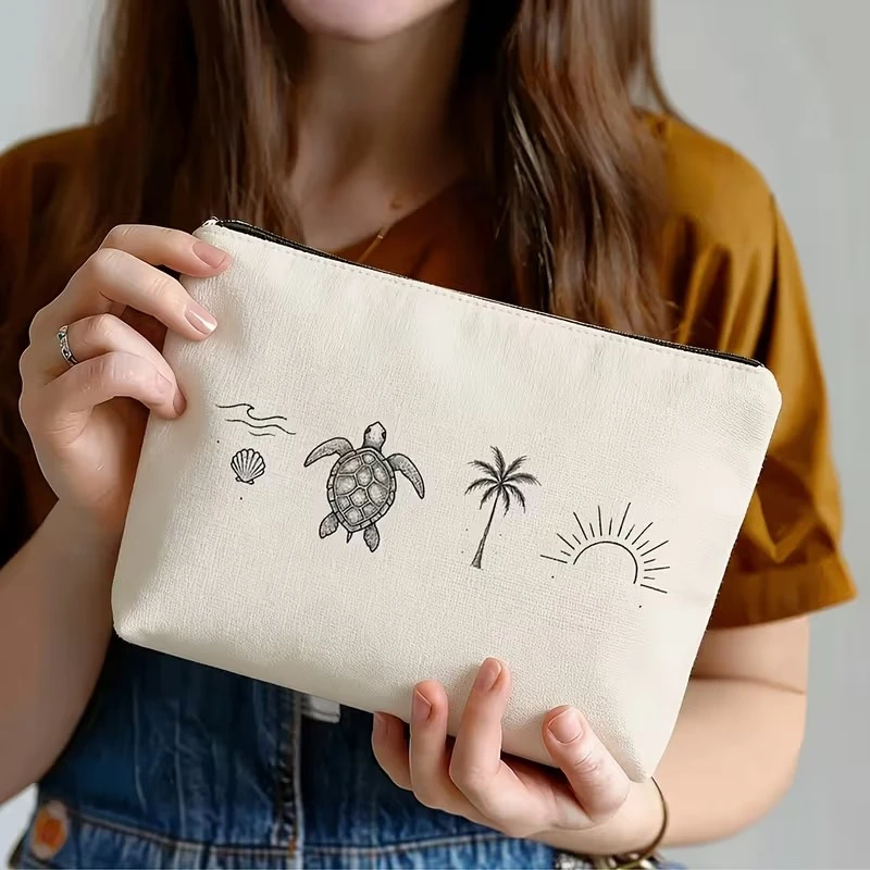 Beach Sea Turtle Print Cosmetic Pouch Minimal Line Art Palm Tree Sunrise Design Portable White Canvas Toiletry Storage Purse