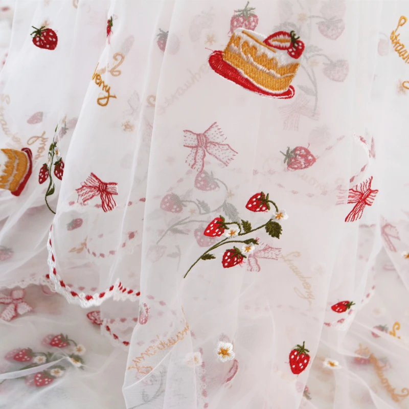

Soft mesh yarn fresh flower strawberry mesh lace fabric handmade cloth dress skirt fabric home decoration material by the meter