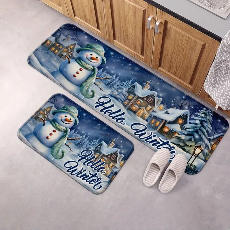 VIKAMA Snowman Winter Snow Scene Rug Hello Winter Art Non Slip Kitchen Runner Washable Entryway Doormat Seasonal Home Decor