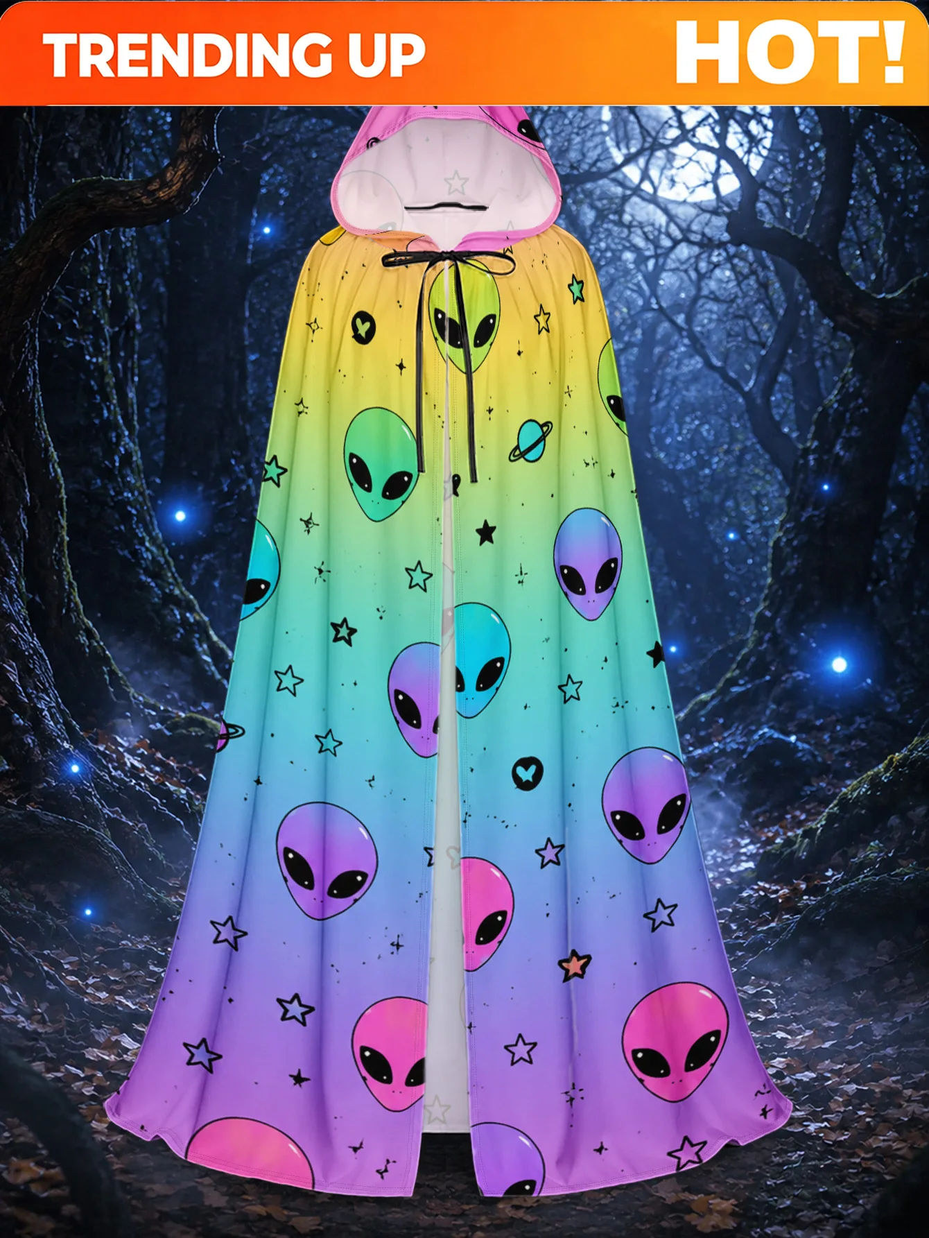 Customization 1pc, Halloween And Christmas Hooded Robe With Alien Faces And Stars Elements, Unisex Polyester Cape For Wizard, Va
