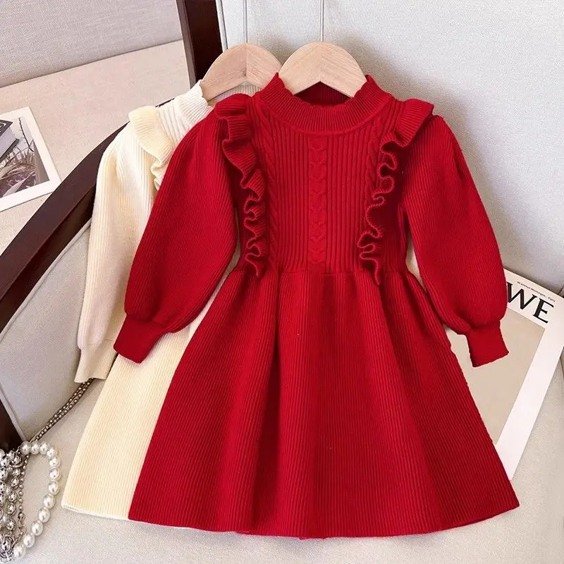 

2025New Girls Sweater Skirt Spring and Autumn Style Children's Red Princess Dress Baby Girl Knitted Dress