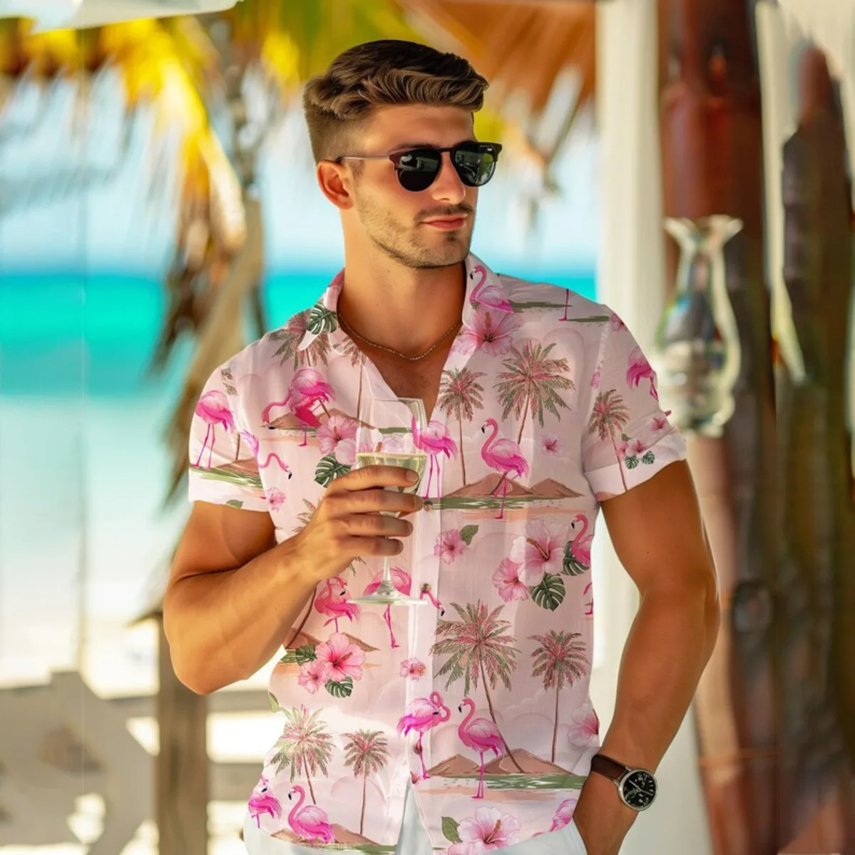 

Розовая рубашка с принтом фламинго для отпуска, пляжа, океана, летний повседневный гавайский топ для мужчин и женщин