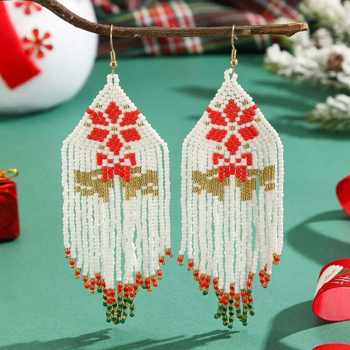 Beaded earrings Tassel Originality Snowflake Design Christmas Hand knitting Bohemia Alloy Tide Simple Female Rice bead earrings