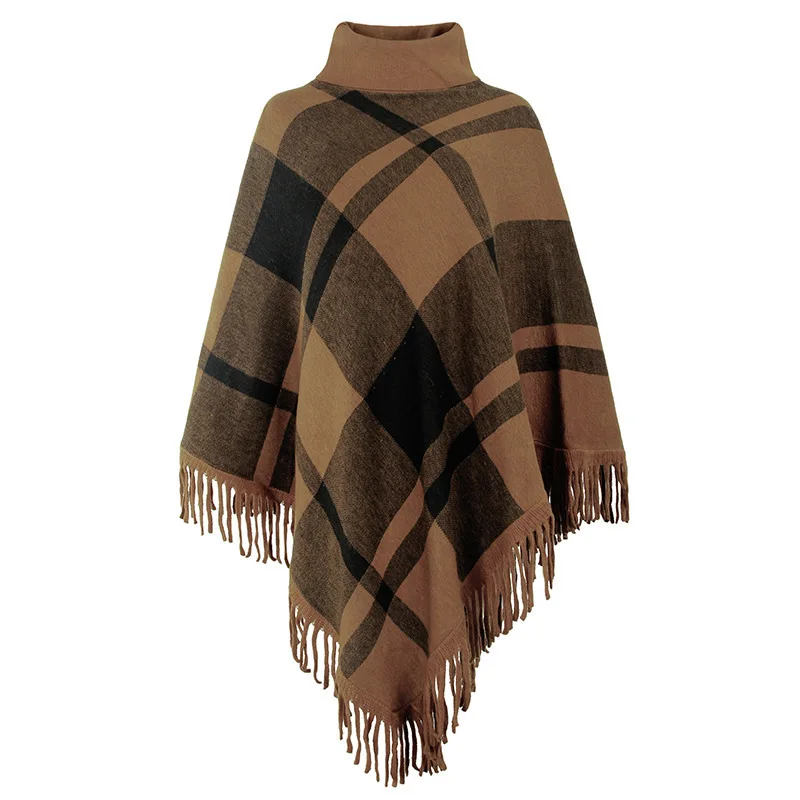 Primavera outono xadrez gola alta imitar cashmere malha xale capa térmica borla poncho senhora capas preto capas