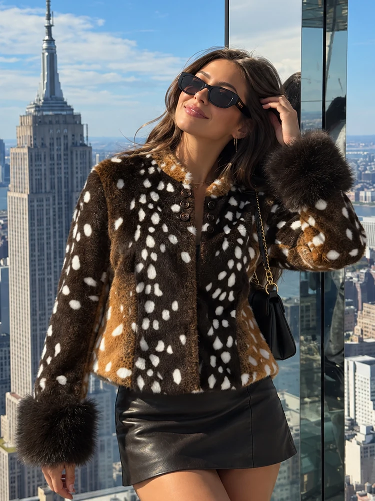 HH Boho Print Plush Jacket for Women Winter 2026 Brown White Spotted Pattern Fluffy Cuff Retro Chic Casual Vacation Outerwear