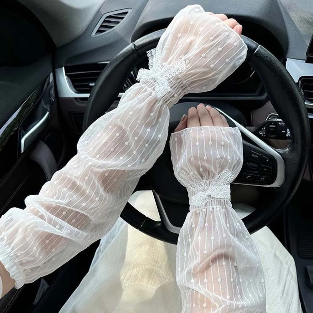 

1 pair French Retro Bowknot Lace Sun Protection Sleeves Elastic Ruffle Trim Loose Fit Design Mesh Arm Covers