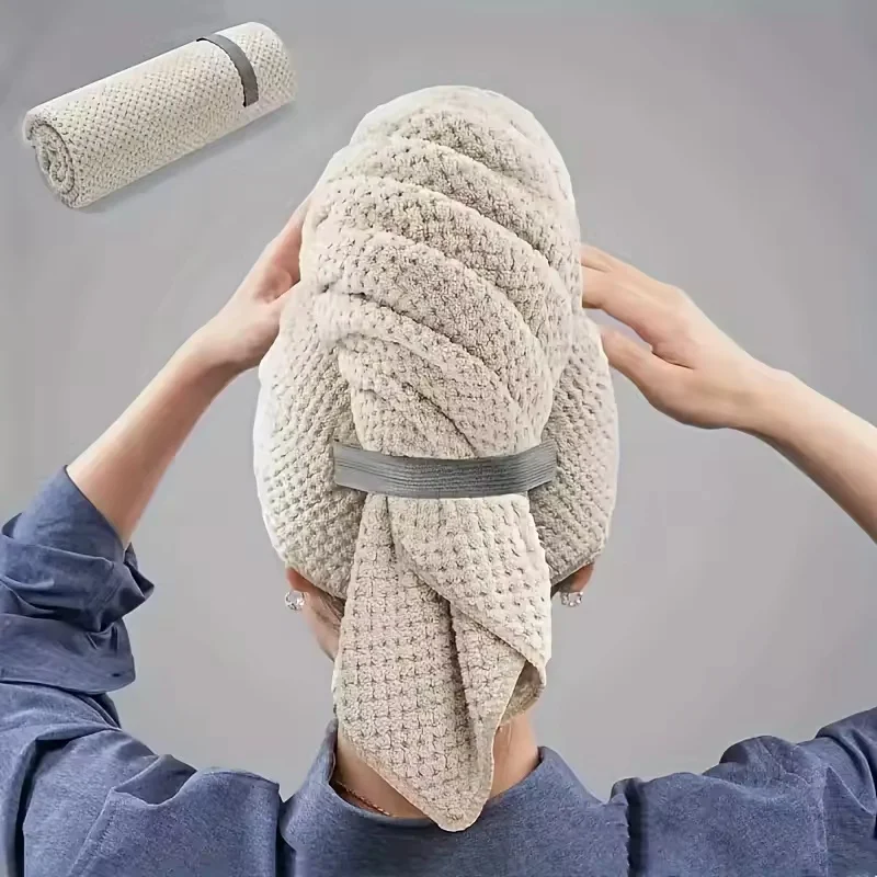 Large Hair Drying Towel Solid Color Water Absorbent Microfiber Wrap with Elastic Strap Soft Quick Drying Towel for Hair