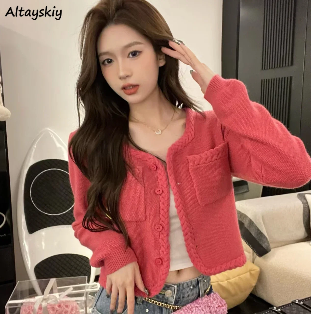 

Crop Cardigan Women Pockets Singe Breasted Sweet Slouchy All-match Knitted Sweaters Design Chic Korean Style Ins Outwear Temper