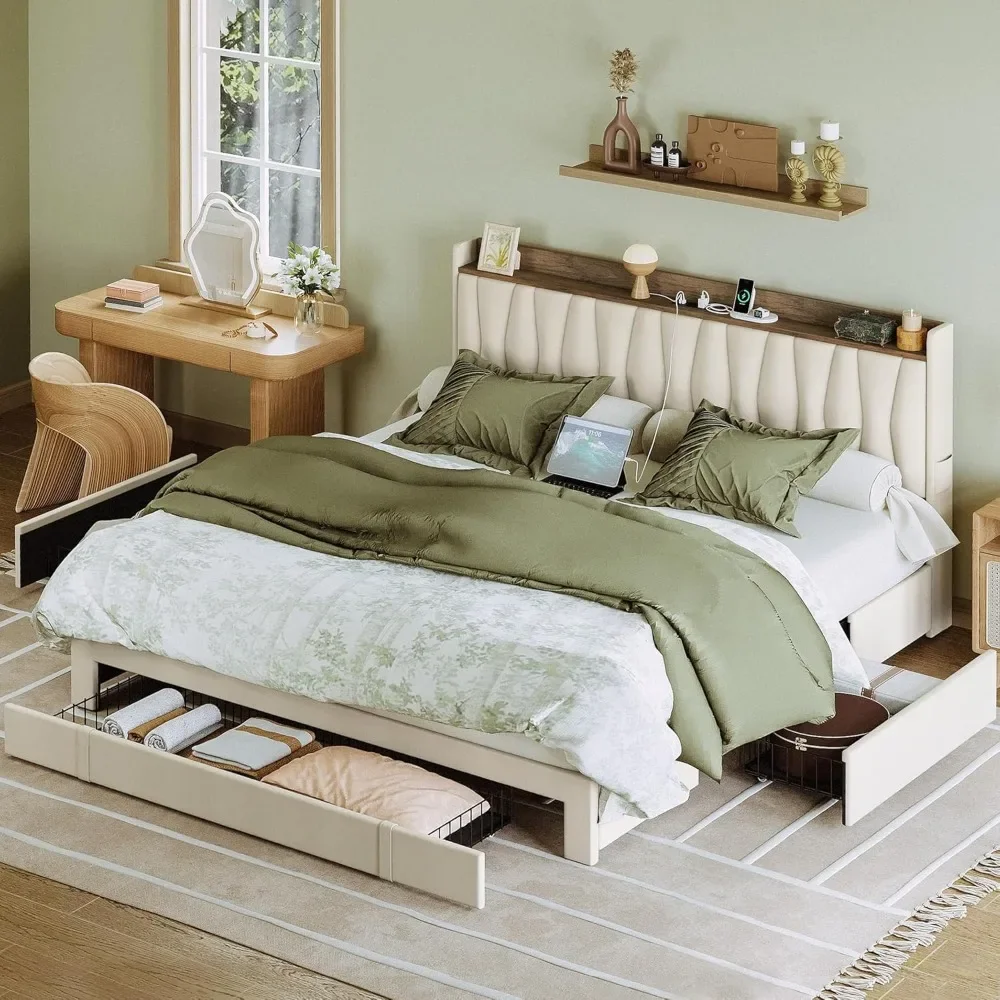 King Size Bed Frame with Storage Headboard and Charging Station, Upholstered Platform Bed with 3 Drawers