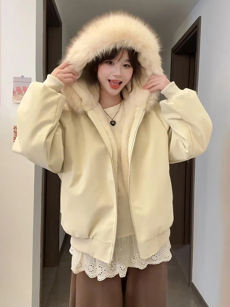 Men's Winter Thickened Fleece Lined Leather Cotton Jacket Hooded Fur Collar Warmth Retention Mountain Eagle Lychee Pattern