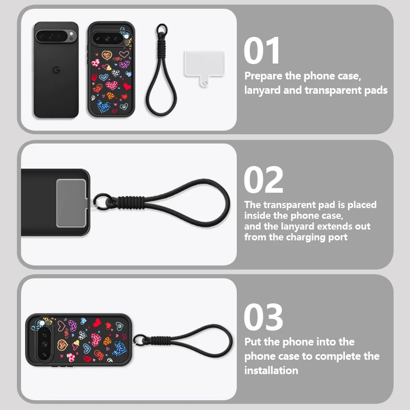 حافظة ملونة مطبوعة على شكل قلب الحب لهاتف جوجل بيكسل 10 8 7 برو 9A 8A بكسل 9 10 برو XL شريط للرسغ حبل ناعم من البولي يوريثان #3