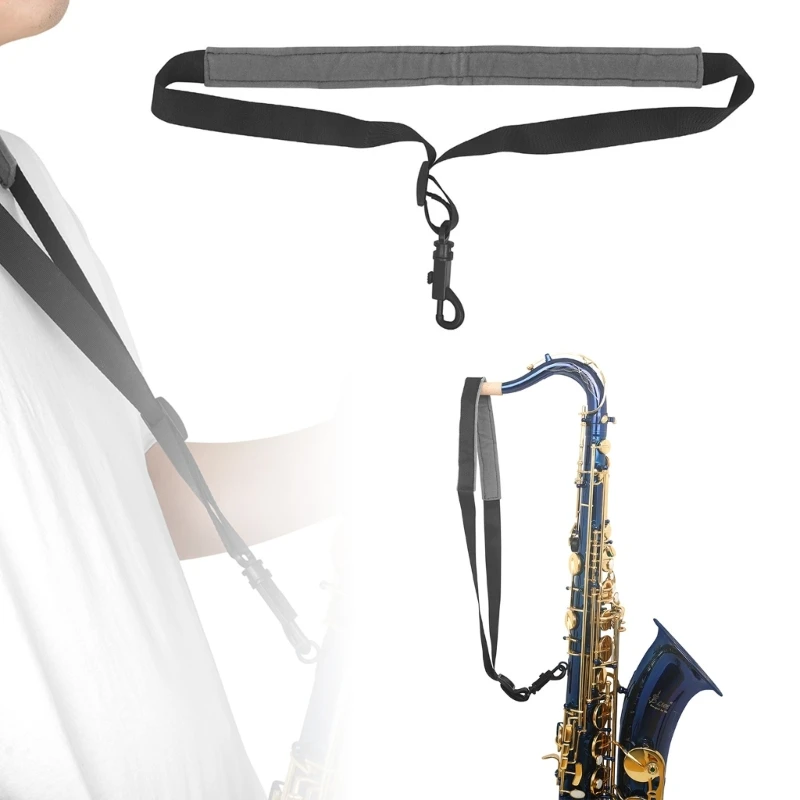 Saxophone Neck Strap with Thick Soft Padded Sax Belt Adjustable Buckle Hook for Baritone Alto Tenors Soprano Sax Black