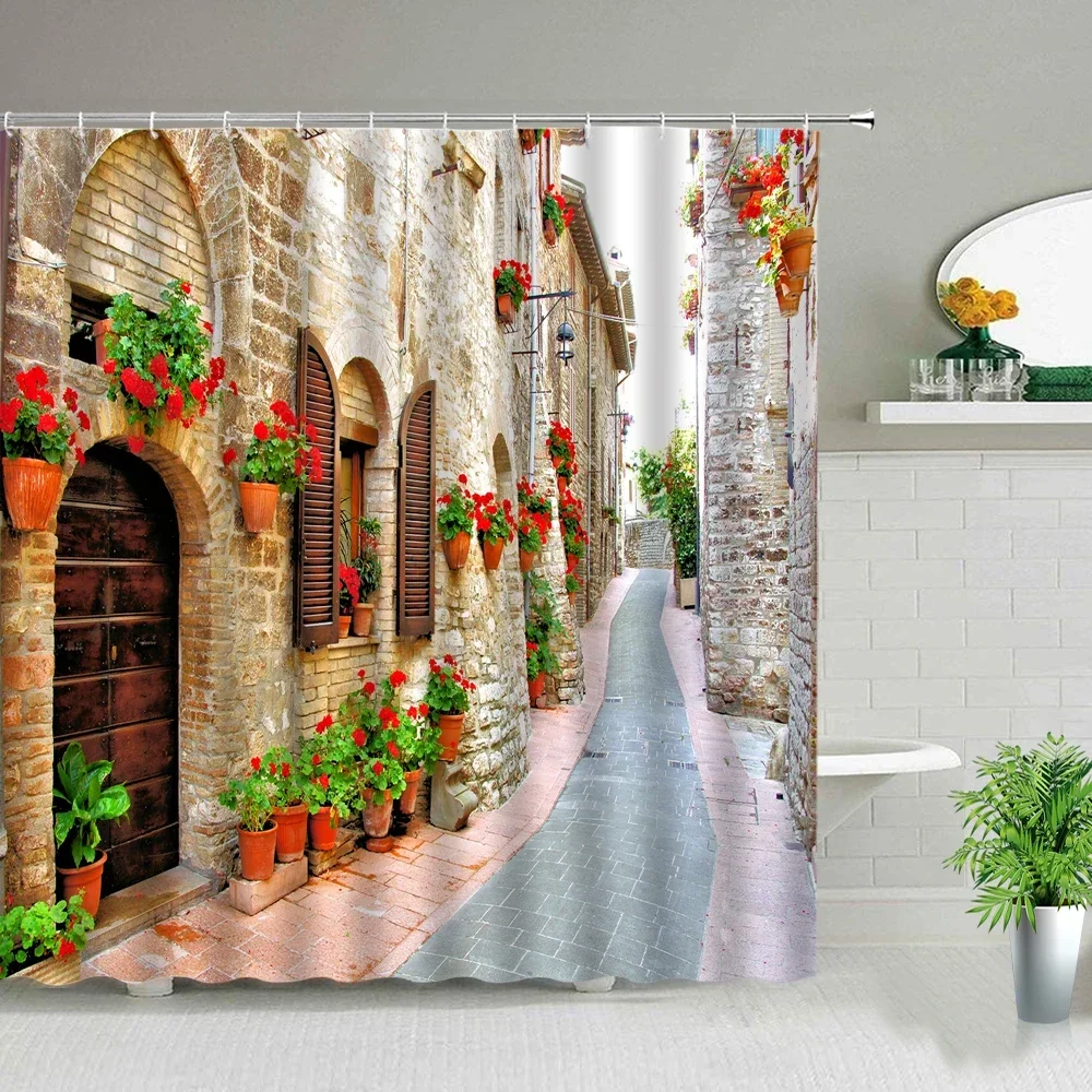 Nordic ltaly Street Alley Shower Curtains Garden Flowers Scenery Bathroom Decoration Waterproof Fabric Bath Curtain With Hooks