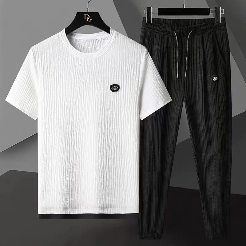 2023 Summer New Men\'s Classic Fashion Solid Color Short Sleeve T-Shirt Two-Piece Men\'s Casual High-Quality Sports Suit