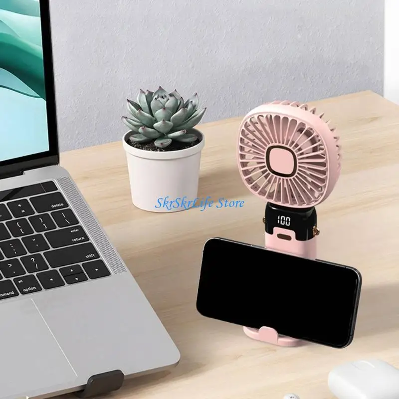 مروحة قابلة للطي E65E قابلة لإعادة الشحن مع حامل الهاتف لضبط تدفق الهواء ومروحة سطح المكتب USB