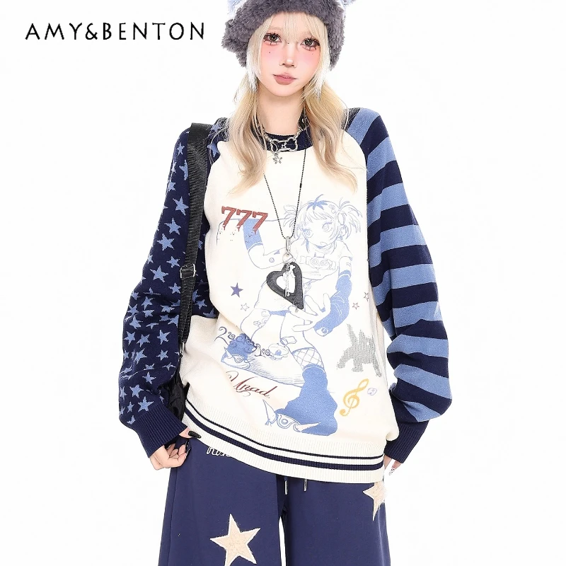 

Осень 2022, новые полосатые женские пуловеры со звездами Y2K, с мультяшным аниме-принтом, ретро-дизайн, повседневный свободный вязаный свитер, женский