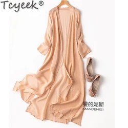 Tcyeek 100% Mulberry Silk Top Women 17 Color Women's Long Sleeve Tops Summer Cardigan Sunscreen Clothing Mid-length Shawl Coat