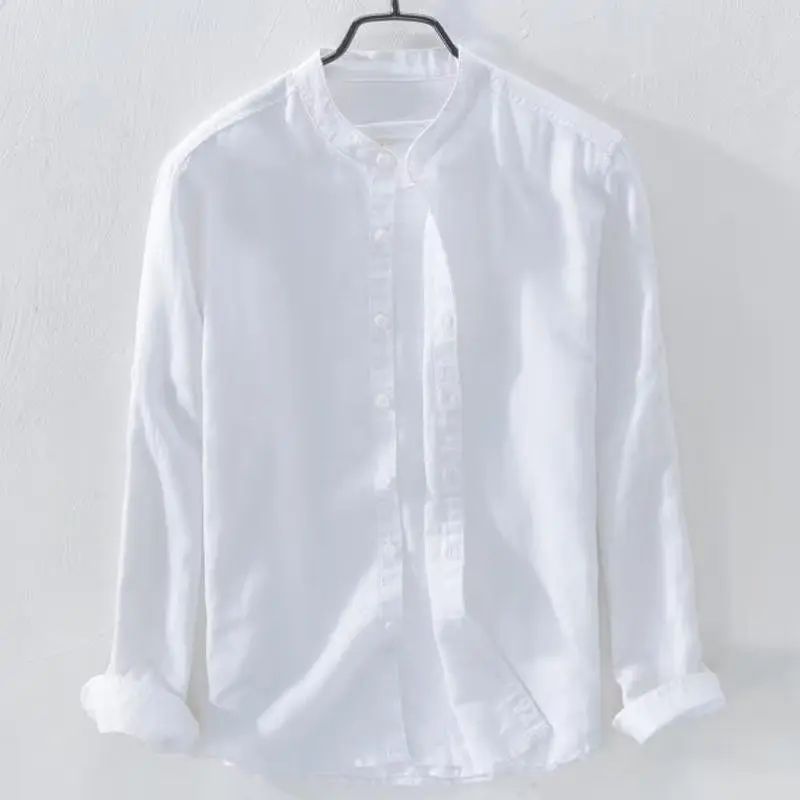 Fresh Stand-up Collar Cotton and Linen Shirt Men's Clothing Casual Simple Long-sleeved Loose Thin Breathable Youth Linen Shirt
