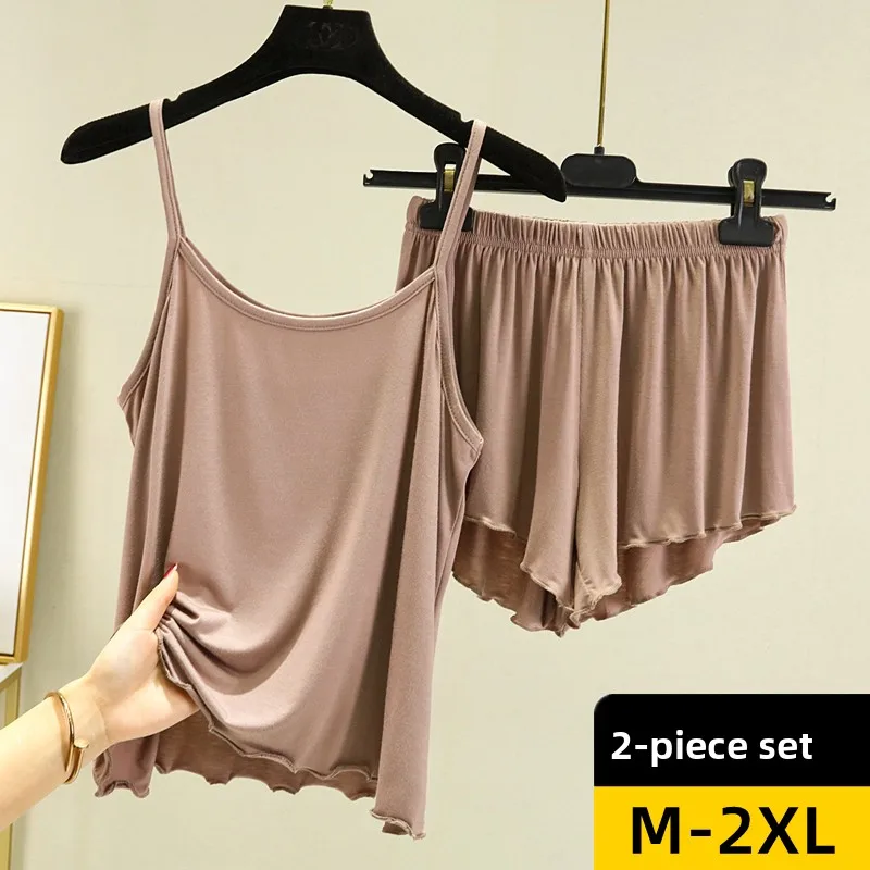 

2024 New Women's Modal Summer Sleepwear Set Strap Shorts Loose Home Clothes Two-Piece Set round Neck Sleeveless Comfortable