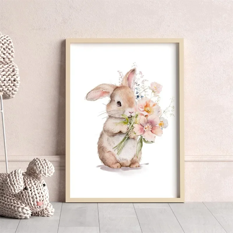 Cute Forest Bunny Woodland Animals Floral Girls Posters and Prints Canvas Printing Wall Art Picture for Kids Room Nursery Decor