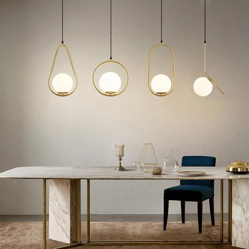 Iron ring Industriel Hanging Lamp Kitchen Dining Table Bedroom Decor Glass Ball Pendant Lights Brass Black Gold Silver