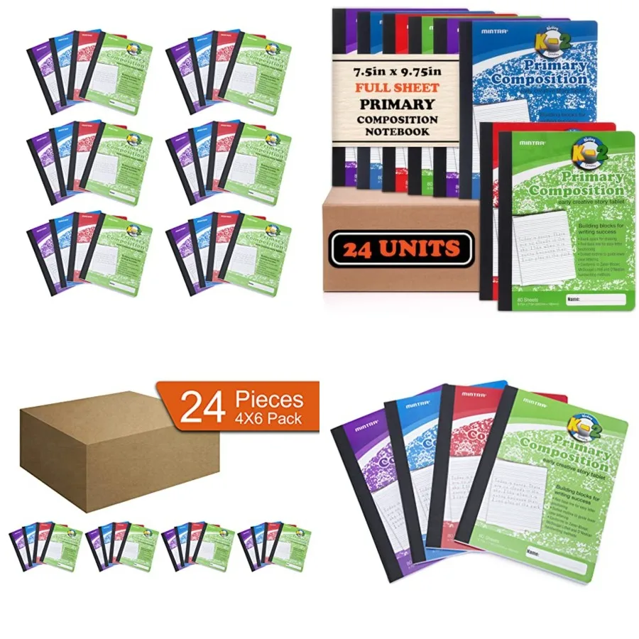 

Mintra Primary Composition Notebook, 2 6-, Assorted Colors, 80 Sheets, 7.5in x 9.75in, Full Sheet, Ruled with Drawing Area, Fle