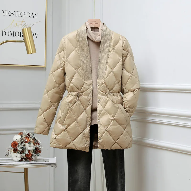 2024 Autumn Winter Drawstring White Duck Down Coat Parkas Women Warm V Neck Midi Long Down Jacket Female Bigsize Puffer Outwears