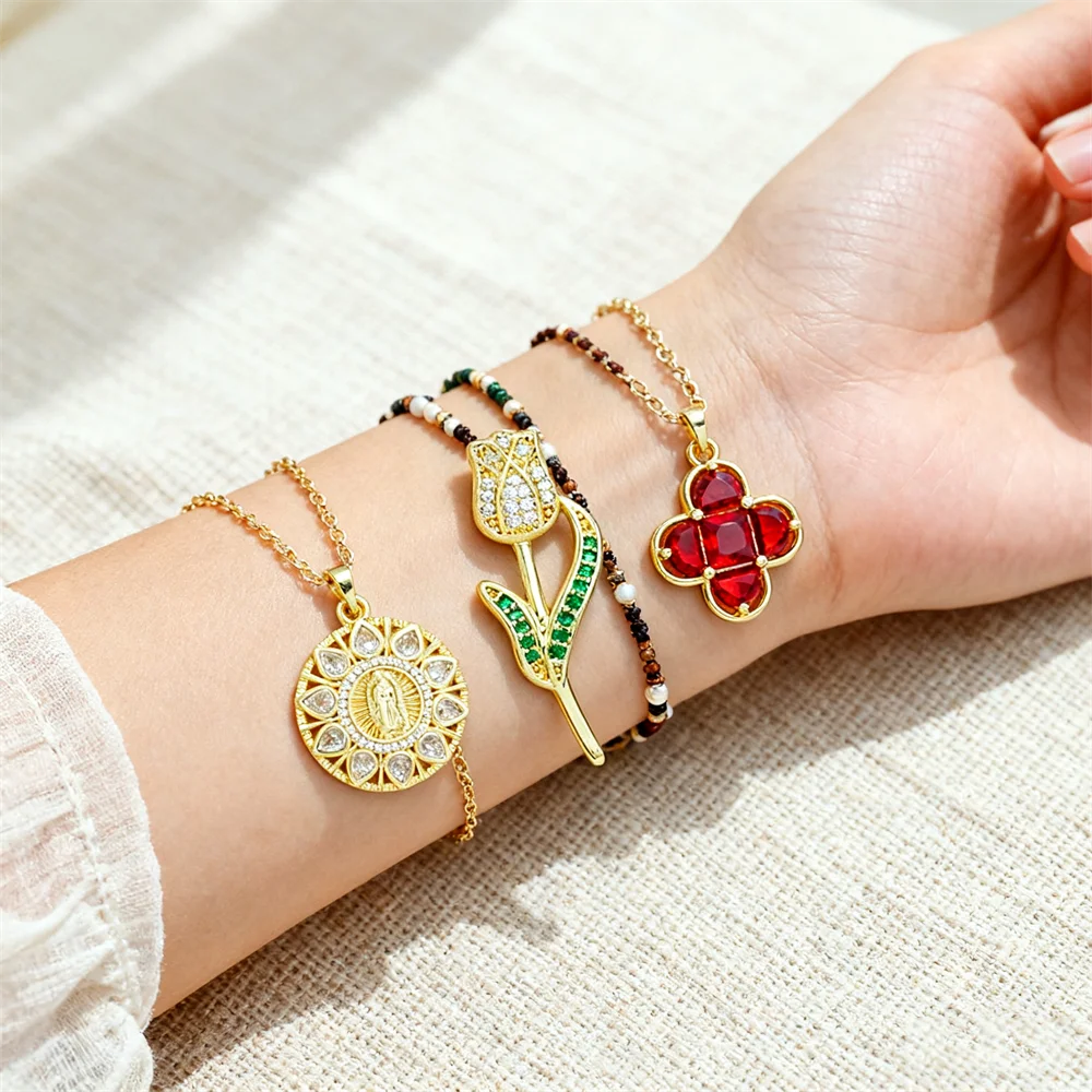 2Pcs Pendants Brass DIY Jewelry Charms Red Clover Religious Medallion Tulip Flower Cubic Zirconia Handmade Crafting Accessories