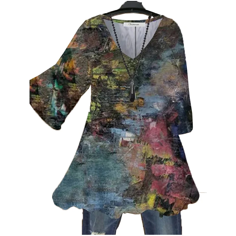 Plus Size   Women Black Half Sleeve V-neck Colorblock Printed Top