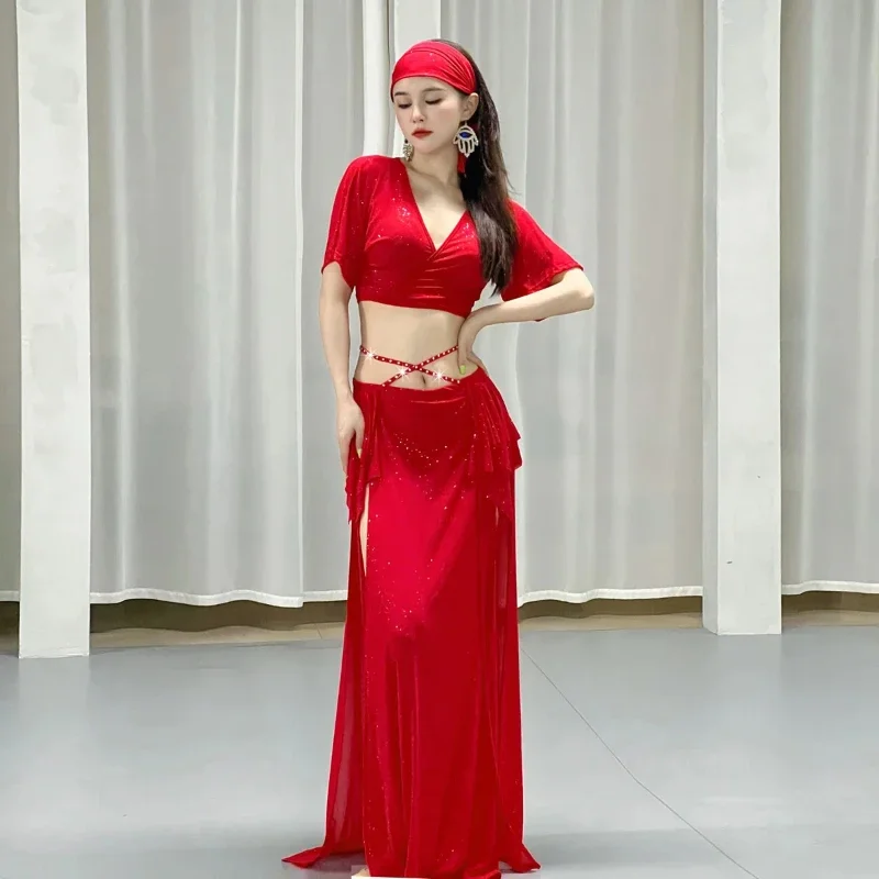 

Belly Dance Clothes Suit for Women Winter Half Sleeves Top+skirt 2pcs Oriental Training Suit Female Bellydancing Wear Outfit
