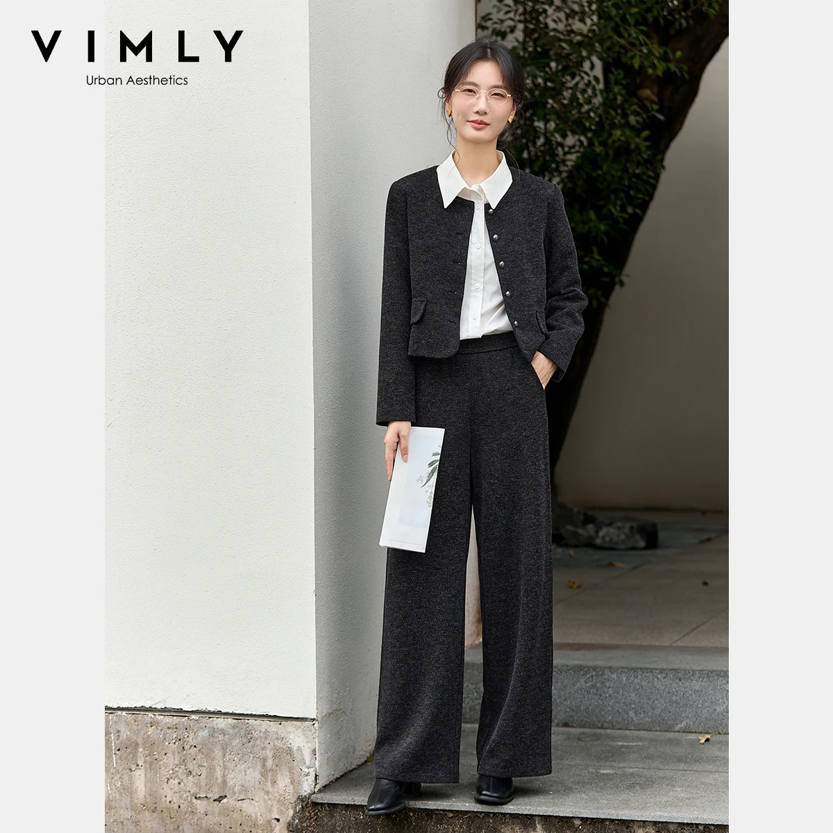 

VIMLY Two Piece Pant Sets Woman Office Wear Grey O-neck Short Jackets Wide Leg Pants 2025 Fall Outfits Women Trousers Sets A2505
